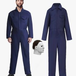 Halloween Navy Blue Coveralls Jumpsuit,Horror Killer Navy Cosplay Costume for Men, Includes Mask. Size: S