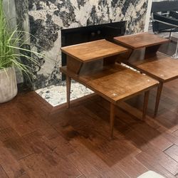  Mid Century Modern 2-Tier Step End Tables – Walnut Wood – Pair
