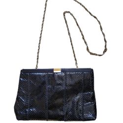 Palizzio Shiny Black Snakeskin Textured Women's Purse with Chain