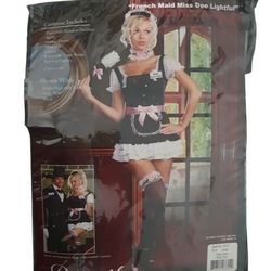 French Maid Adult Woman's Halloween Costume. Size Large. *Dress *Apron *Feather Duster *Hat *Choker *Name Badge *2 Leg  Garters.