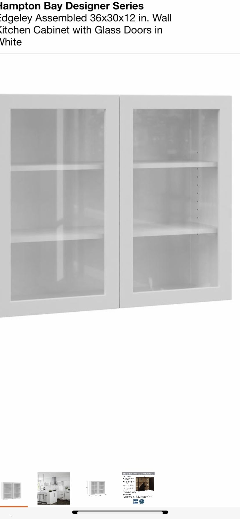 Hampton Bay Designer Series Edgeley Assembled 36x30x12 in. Wall Kitchen Cabinet with Glass Doors in White