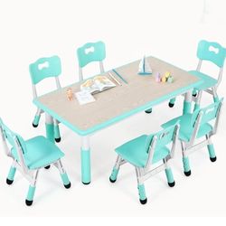 Kids Table and 6 Chairs Set, Height Adjustable Graffiti Desk, Preschool Activity Art Craft Table, for Daycare Classroom Home Boys and Girls Age 3-12 (
