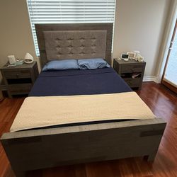 Queen Bed Frame + 2 Nightstands Set – Modern Rustic Wood w/ Upholstered Headboard & Built-In Outlets