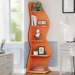 70 in. Tall Orange Wood 5-Shelf Corner Bookcase with Ample Storage and Space-Saving Design for Living room, Office