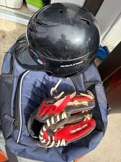 Baseball helmet, glove and backpack