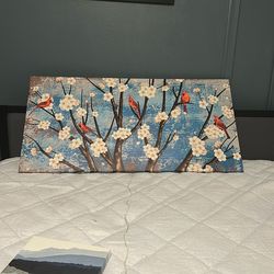 Red Bird Canvas Wall Art Cardinals on Cherry Blossom Painting Artwork Vintage Home Bedroom Living Room Wall Decor Ready to Hang 24" x 48"