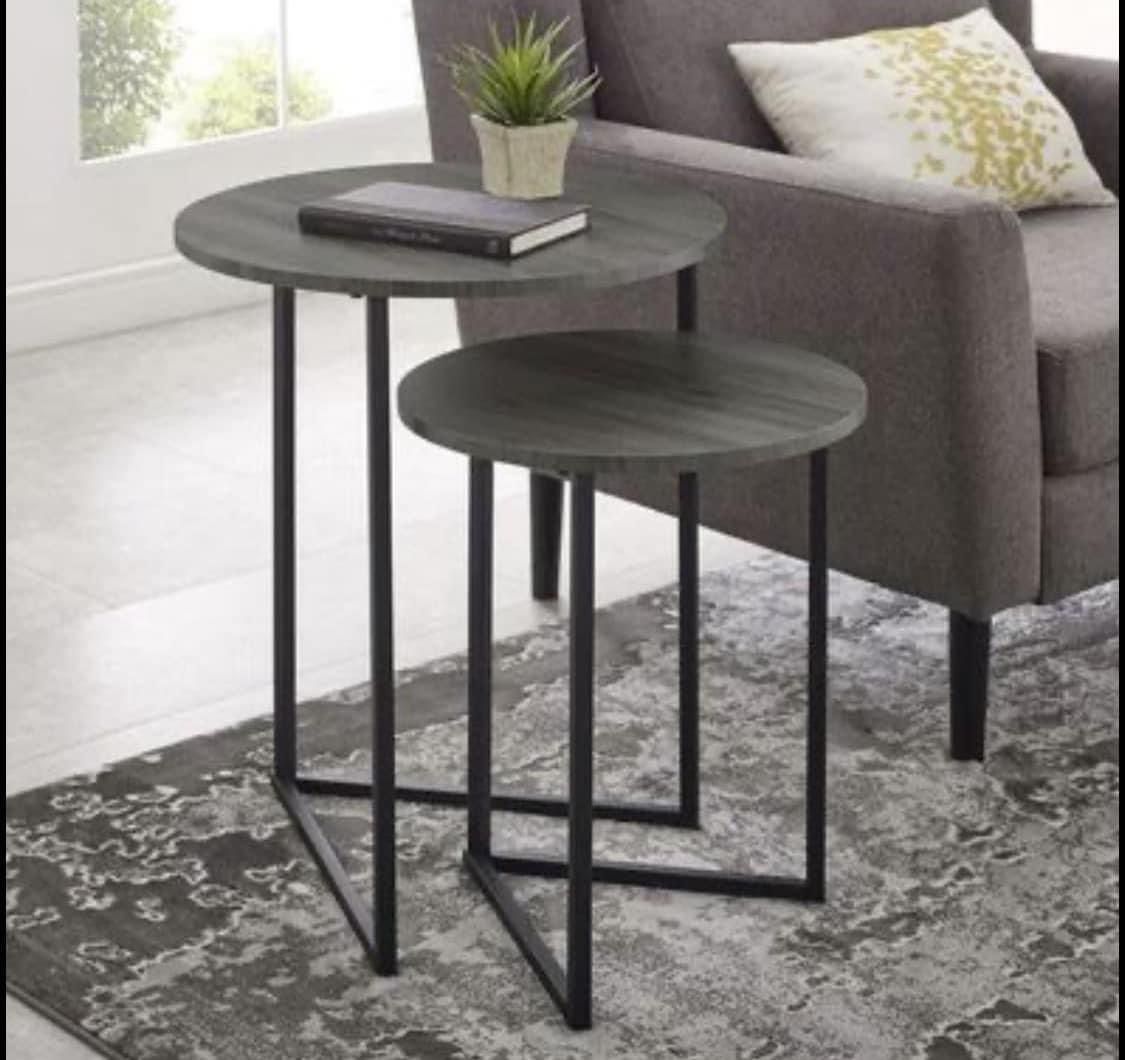 New 2 PC Slate Grey and Black Nesting Side Tables