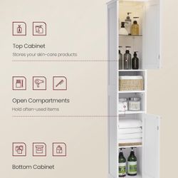 Tall Storage Cabinet with Lights, Slim Freestanding Cabinet with Adjustable Shelves, for Small Spaces, Bathroom, Living Room, Modern, 11.8 Inches Wide