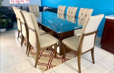 Glass Top Dining Table with 8 Chairs