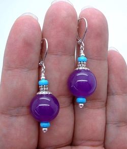925 Sterling Silver, Handmade Violet Purple Jade & Blue Turquoise Esrrings