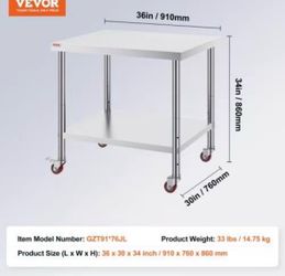 Stainless Steel Work Table 36 x 30 x 34 Inch, 700 LBS Load Capacity with 4 Wheels, 3 Adjustable