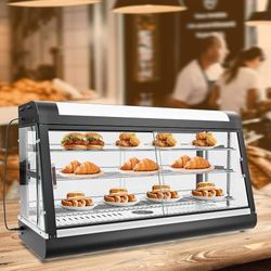 48" Commercial Food Warmer Display Case, Anpuce 3-Tier Countertop Food Pizza Pastry Warmer w/ 3D Heating with LED Lighting Removable Shelves Glass Doo