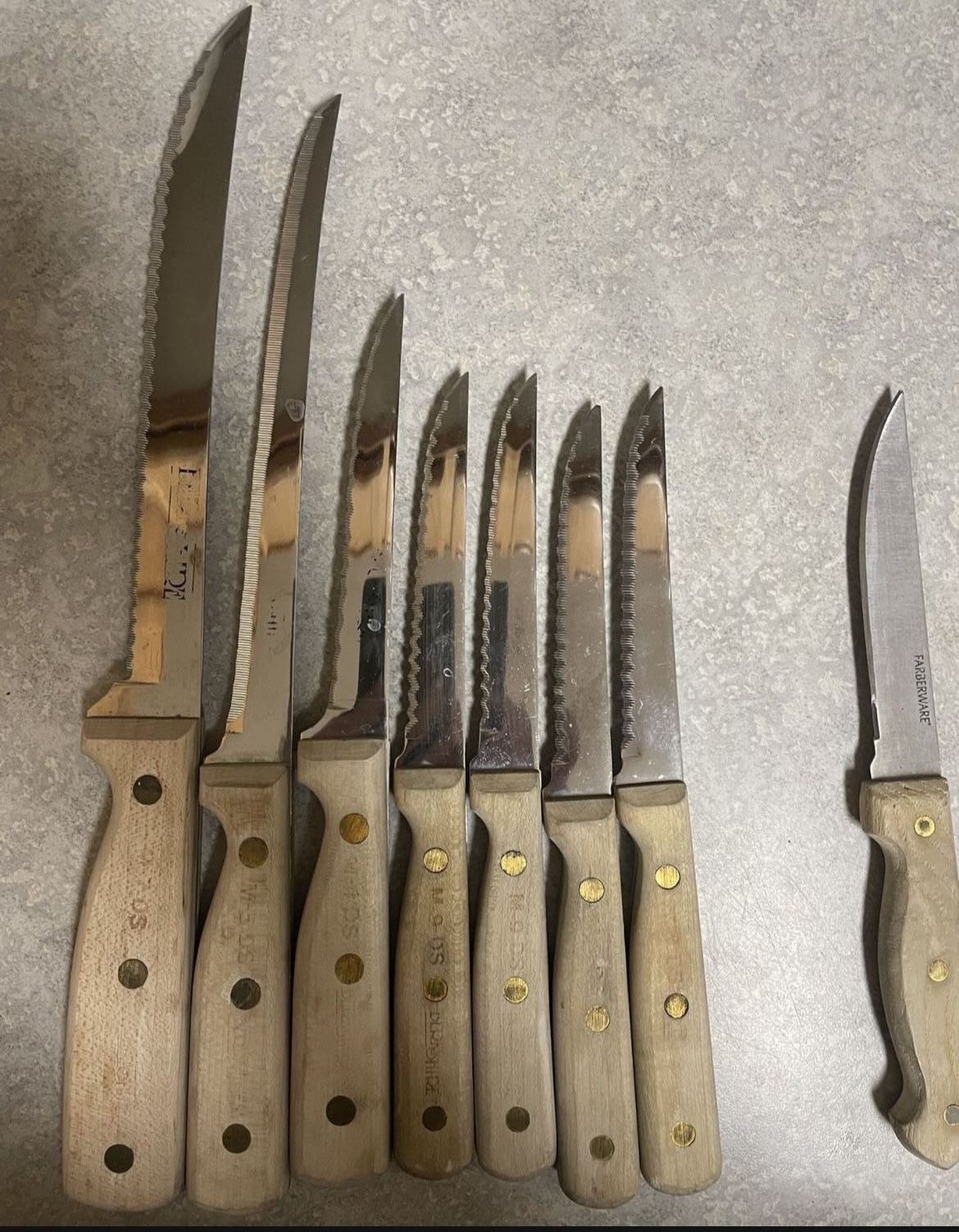 7 pc M-9 DS BERKSHIRE SERRATED KNIVES and 1- FARBERWARE