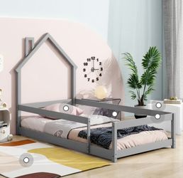 Twin Size House-Shaped Kids Floor Bed Frame with Guardrails – Gray