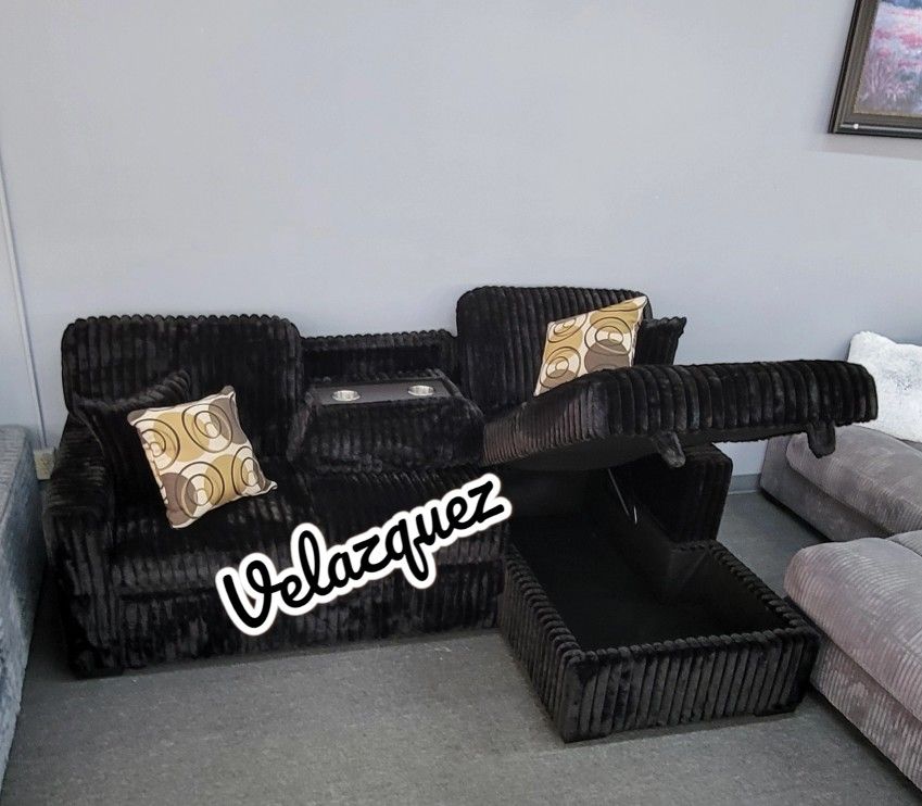 ✅️✅️2 pc Black fur like corduroy fabric sectional sofa with pop up sleep area and storage chaise drop down tray table USB ports✅️