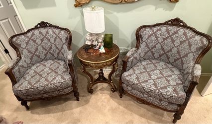 Pair of French-Style Carved Wood Bergère Chairs