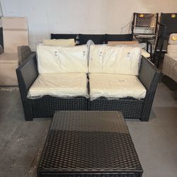 🔥Set of 3🔥PE rattan lounge sofa set with thick beige cushions and coffee table,all-weather outdoor furniture, suitable for gardens and porches (Blac