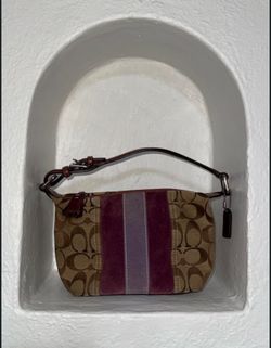 Coach Demi Bag, Signature Stripe, Berry/Lilac Suede,Plum Leather Trim