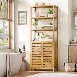  Tall Bathroom Storage Cabinet, 66" Bamboo Narrow Bathroom Floor Cabinet with 2 Door & 4-Tier Open Shelves, Corner Tall Cabinets Freestanding Organize