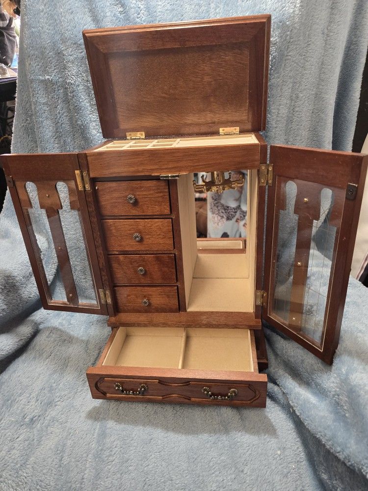 Wooden Jewelry Box 2-Door Mirror 5 Drawers Armoire Vintage Lighted Lined