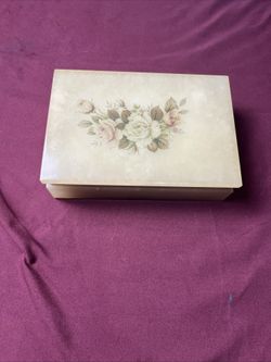 Vintage Genuine Italian Alabaster Trinket Box Hinged Lid Floral Marble,goldtrim