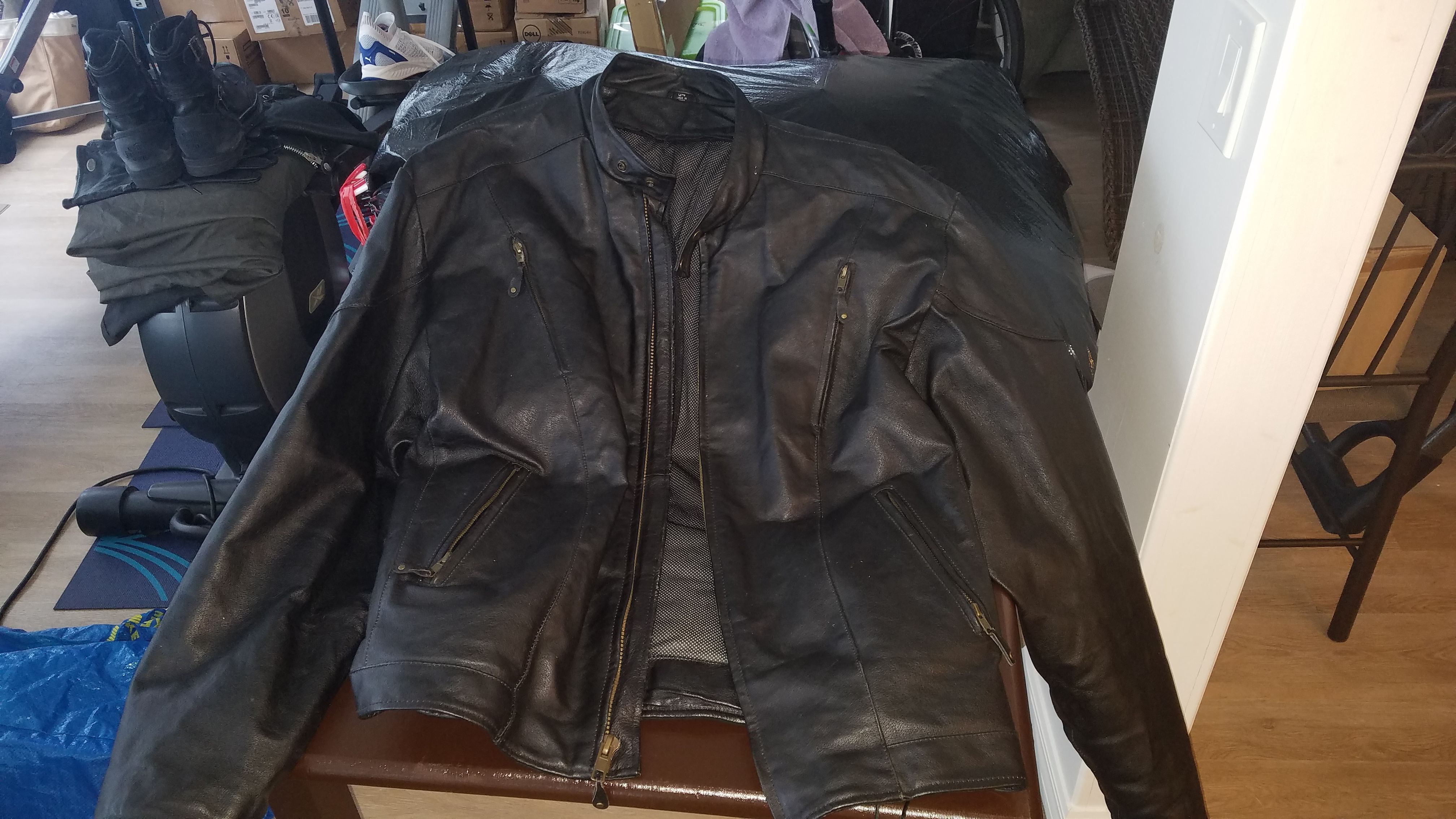 Harley-Davidson lightly used boots size 12 half chaps and extra large gauntlets with leather jacket size 54