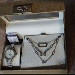 New Folio Women's Watch and Triple Necklace Jewelry Set