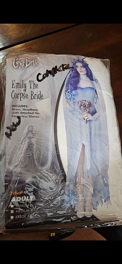 NEW, Spirit Corpse Bride Emily Adult Sz Med, Costume Blue White Veil Gloves Dress, firm.
