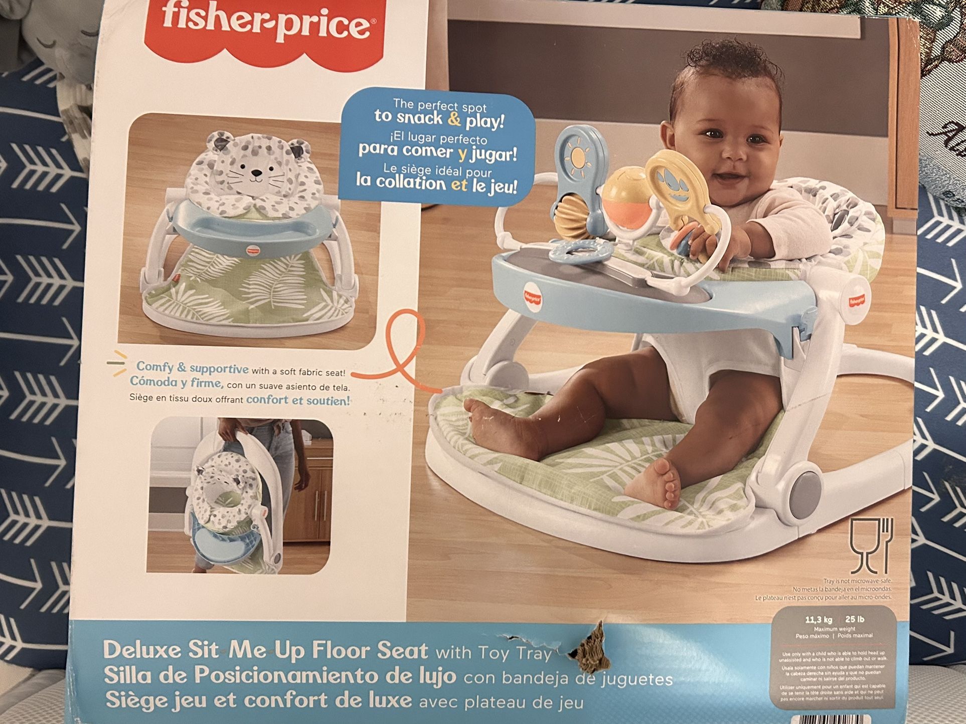 Fisher-Price Deluxe Sit-Me-Up Floor Seat with Toy Bar Snow Leopard, Portable Infant Chair with Tray