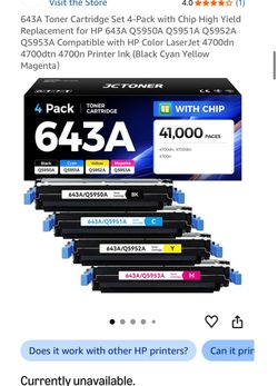 JCTONER 643A Toner Cartridge Set 4-Pack (Q5950A Q5951A Q5952A Q5953A)(n17)