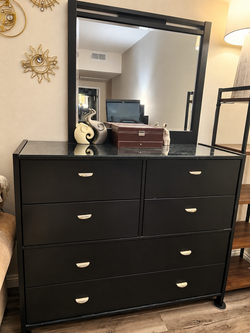 Black 6-Drawer Dresser with Mirror & Glass Top – $125