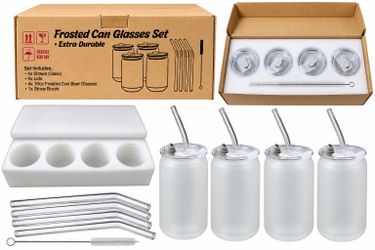 4 Pack Frosted Glass Cups With Lids & Glass Straws. Several Available