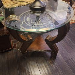 Matching Set of Glass-Top Mahogany End Tables