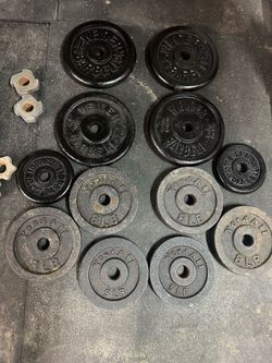 Dumbells Weights, gym, workout,  3 discs 10 lbs each  4 discs 8 lbs each  1 discs 7.5 lbs each  2 discs 4 lbs each  2 discs 3 lbs each  1 inch standar
