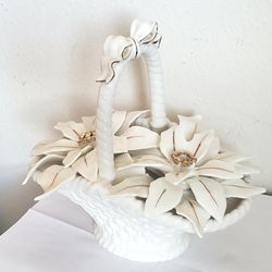 Vintage White Ceramic Flower Wicker Basket With Gold Trim