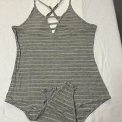 Gray and Yellow Ribbed Bodysuit with V-Neckline