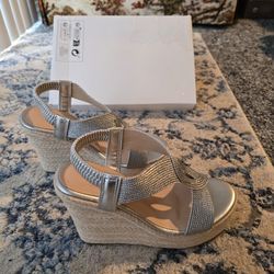 Silver Platform Sandals Wedge Open Toe Ankle Strap Lace Wedding Shoes Size 5