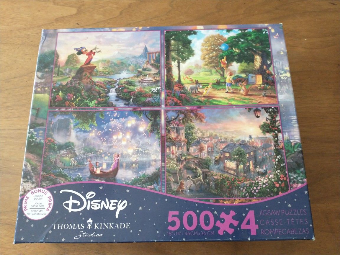 Disney: 4 new 500 piece sealed puzzles by Thomas Kinkade
Mickey Fantasia
Winnie the Pooh & friends
Rapunzel & Flynn in a boat
Lady & the Tramp
Puzzle 