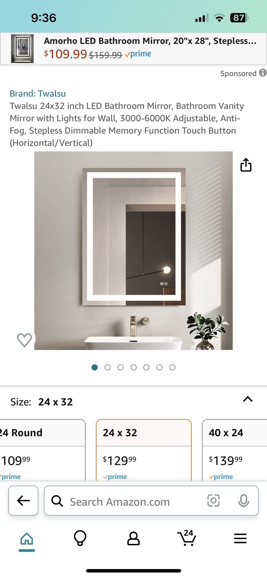 Twalsu 24 x 32 inch LED Bathroom Mirror