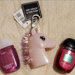 Brand New Bath And Body Works Bundle - Pink Glitter Iridescent Light Up Unicorn Anti-bacterial Holder And Sanitizers For Purse Or Backpack 🎒 BACK TO 