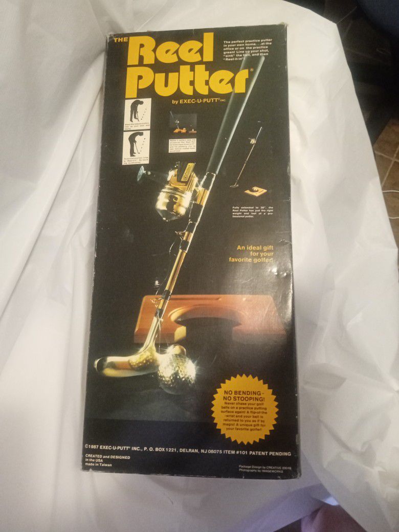 1987© Vintage Exec-U-Putt Reel Putter 
Golf Putting Fishing Pole 
Extendable 
in Box 
