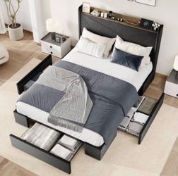 Size Velvet Bed Frame with 3 Storage Drawers, Upholstered Platform Bed with Wingback Storage Headboard and USB Ports, No Box Spring Needed, Easy Assem