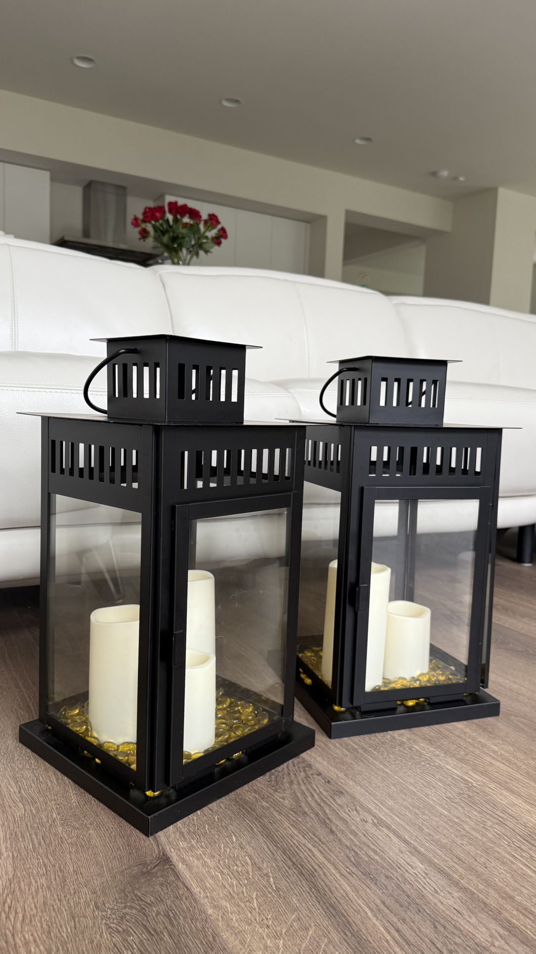 Two Contemporary Black Lanterns with candles and pebbles Indoor/ Outdoor - 17.25”x 9.5”