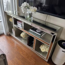 Mirrored Console Bookshelf Silver  Glass Accents 