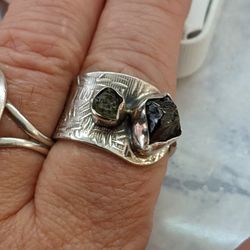 Moldavite And Shungite RING stone Sterling silver ring Adjusable