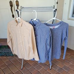 LADIES...2 LONG-SLEEVED BUTTON DOWN SHIRTS & 1 PULL-OVER SWEATSHIRT 