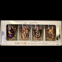 Wizarding World Harry Potter Glassware Set of 4 Each 16 Oz, House Crests New