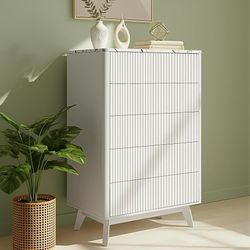 K579 $100 Fluted 5 Drawers Dresser for Bedroom, 47" Tall Handleless Chest of Drawers with Faux Marble Top, Curved Profile Design, Wood Drawer Organiz