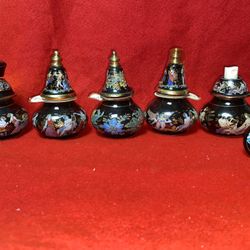 Vintage 3.5 Inch Set Of 5 2 Refillable Sprays, 3 Oil/Cream 24k gold Ceramic Vase Collectibles (2 sets available)