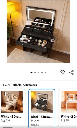 Vanity Desk with Large Mirror, 5 Drawers, Adjustable Lighting & Power Outlet - Modern Black Makeup Vanity Set with Hair Dryer Holder for Bedroom, Dres